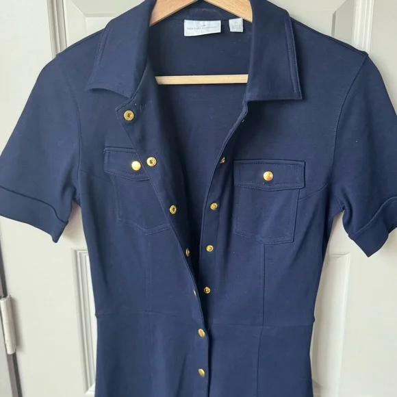 New York & Company Navy Blue Gold Button Snap Font Collared Mini Dress Size XS - Picture 5 of 6